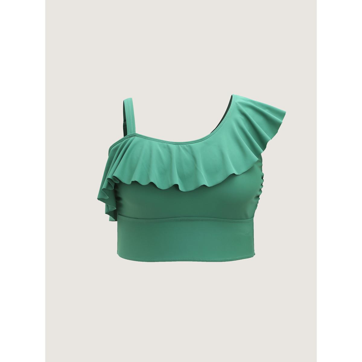 Plus Size Ruffled Asymmetrical Shoulder Strap Swim Top Women's Swimwear Greenbean Resort Ruffles High stretch Skinny Asymmetrical Neck Curve Swim Tops BloomChic 12/L Product Image