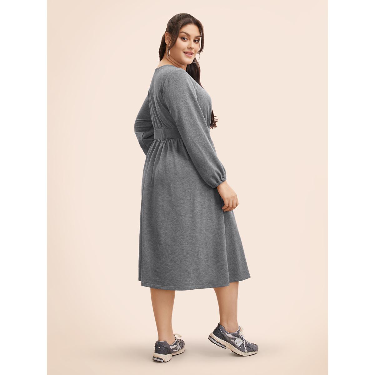 Plus Size Crew Neck Elastic Waist Midi Dress DarkGray Women Casual Patchwork Round Neck Long Sleeve Curvy BloomChic 22-24/3X Product Image