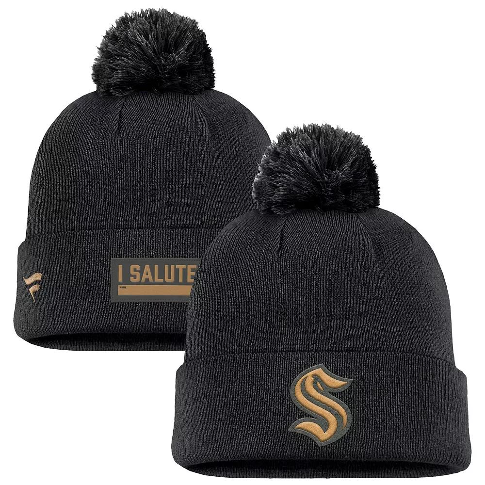 Men's Fanatics Black Seattle Kraken Military Appreciation Cuffed Knit Hat with Pom, Krk Black Product Image