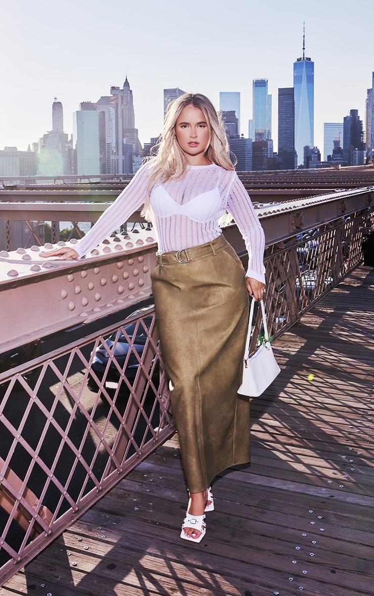Premium Olive Washed Faux Leather Belted Maxi Skirt Product Image