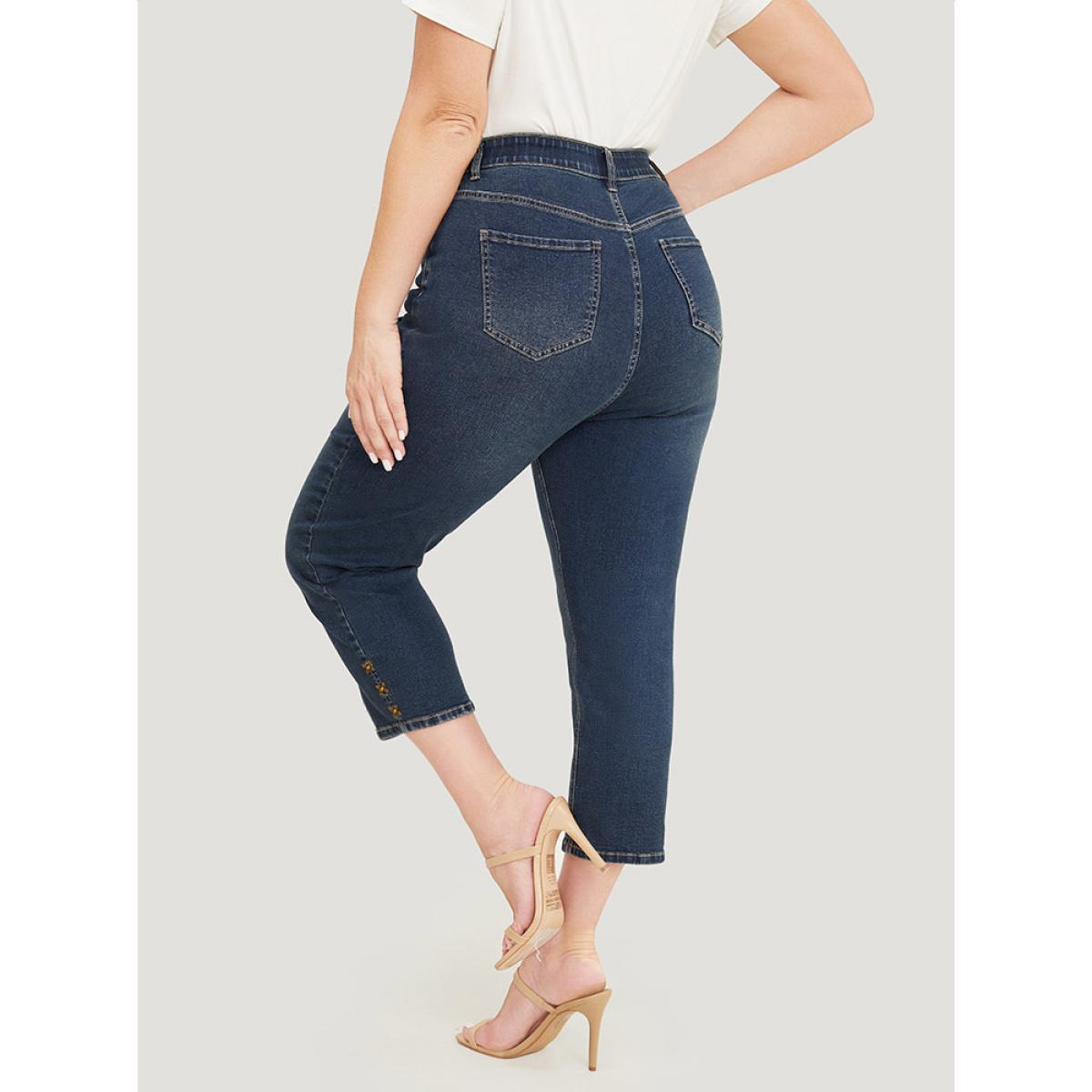 Plus Size Very Stretchy High Rise Dark Wash Beaded Detail Cropped Jeans Women Indigo Casual Plain High stretch Pocket Jeans BloomChic 18/2X Product Image