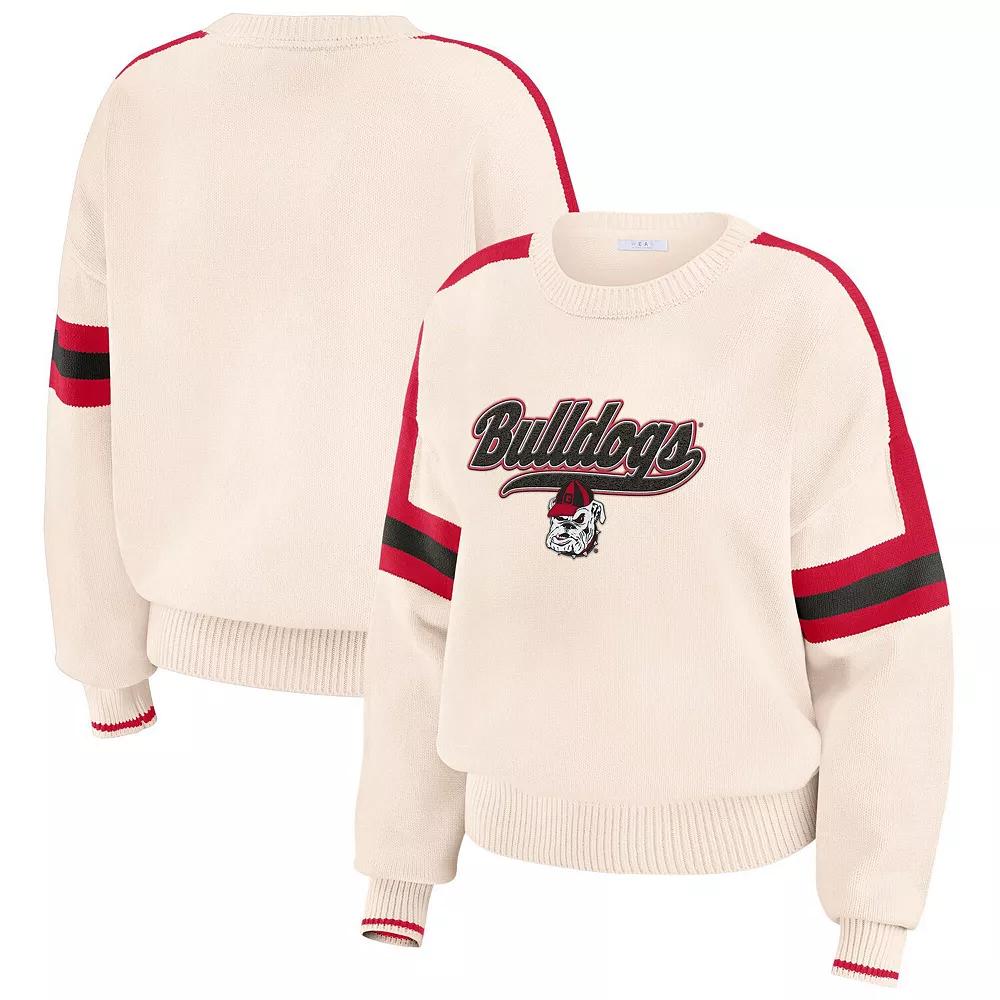 Women's WEAR by Erin Andrews Cream Georgia Bulldogs Chenille Woven Patch Stripe Pullover Sweater,  Product Image