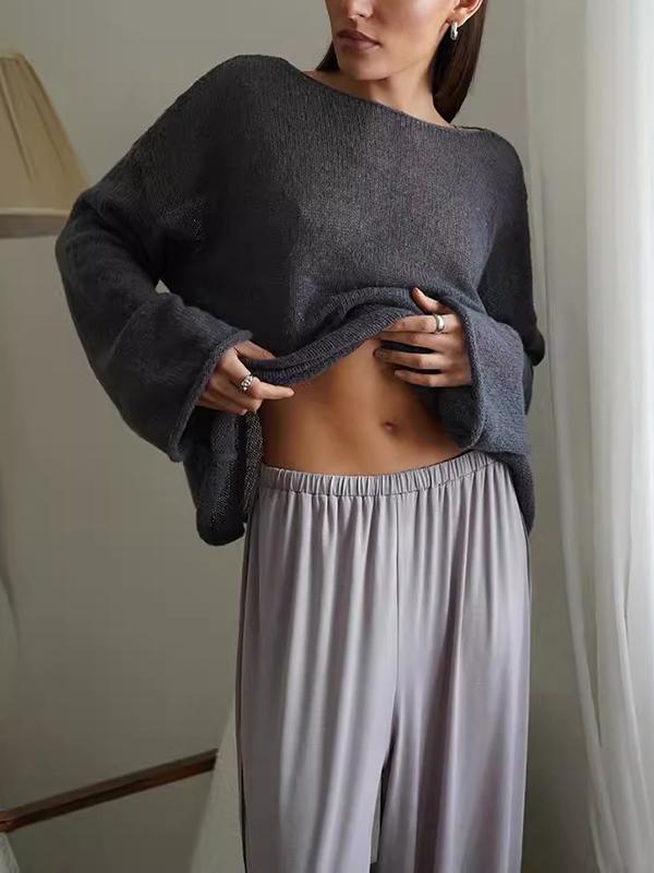 Long Sleeves Loose See-Through Solid Color Split-Joint Round-Neck Sweater Tops Product Image