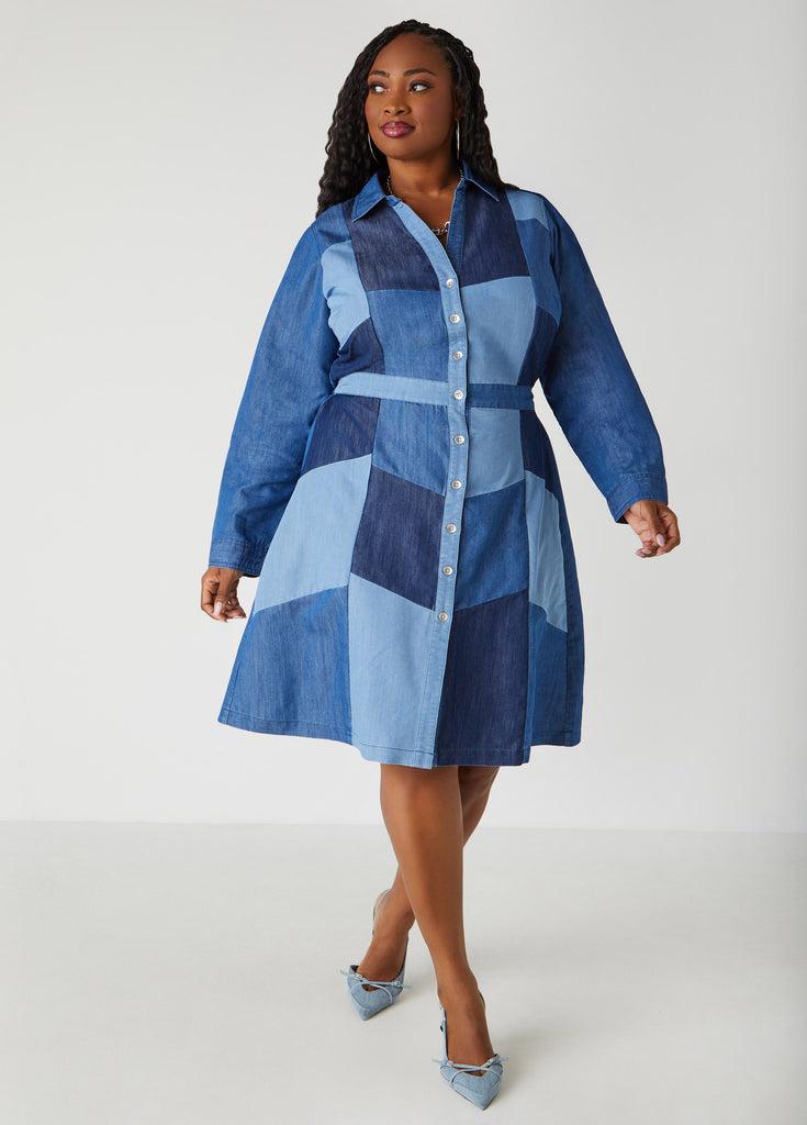 Patchwork Denim Shirtdress Product Image