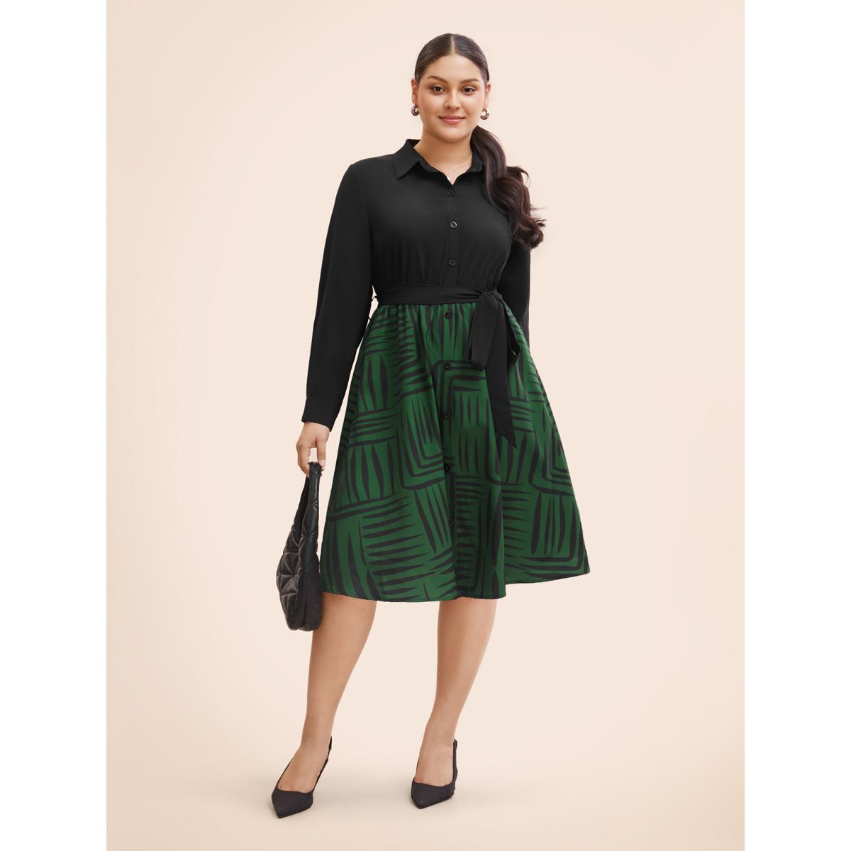 Plus Size Geometric Patchwork Button Up Belted Dress Black Women At the Office Belted Shirt collar Long Sleeve Curvy BloomChic 14-16/1X Product Image