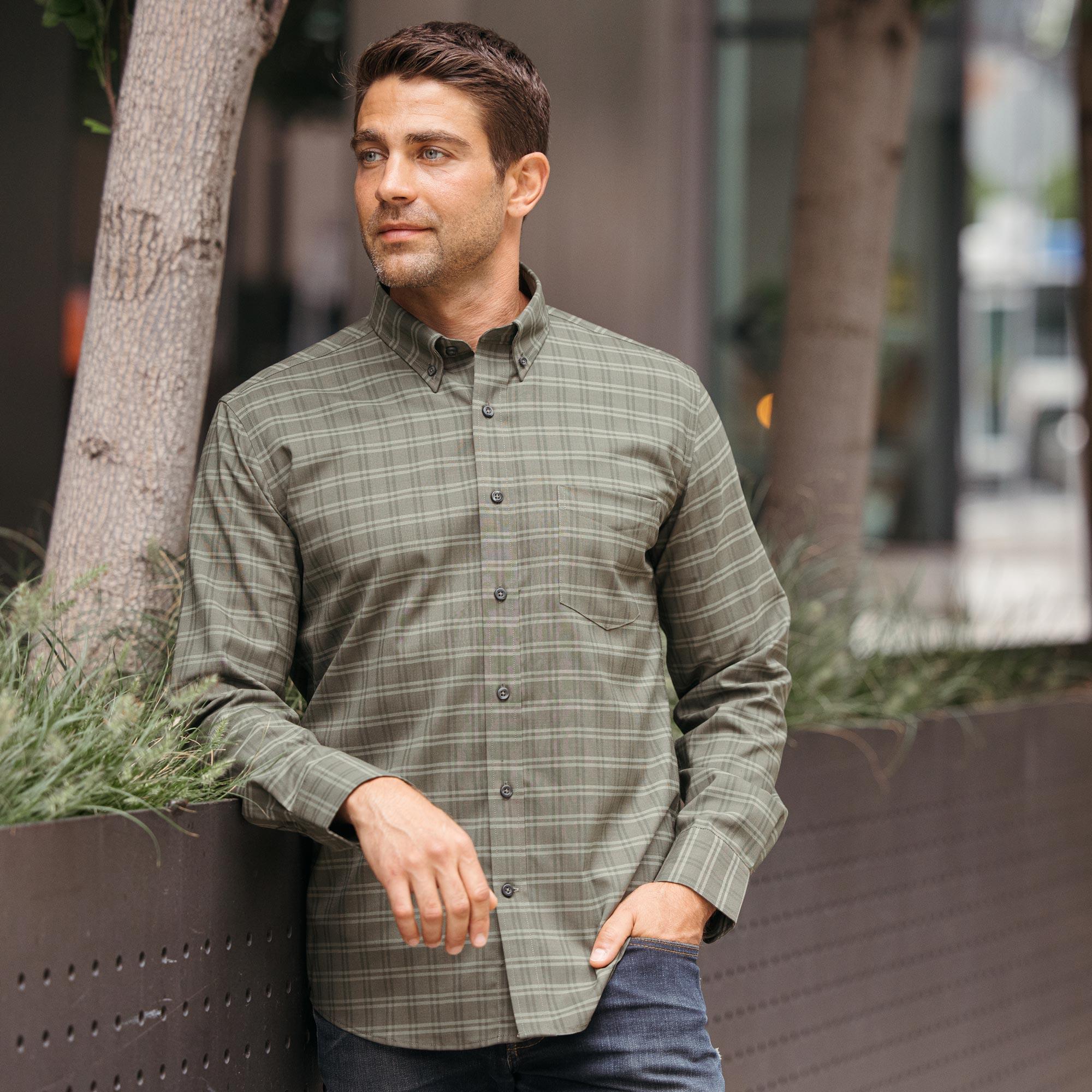 Merino Wool Button-Down Shirt | Tonal Green Plaid Product Image