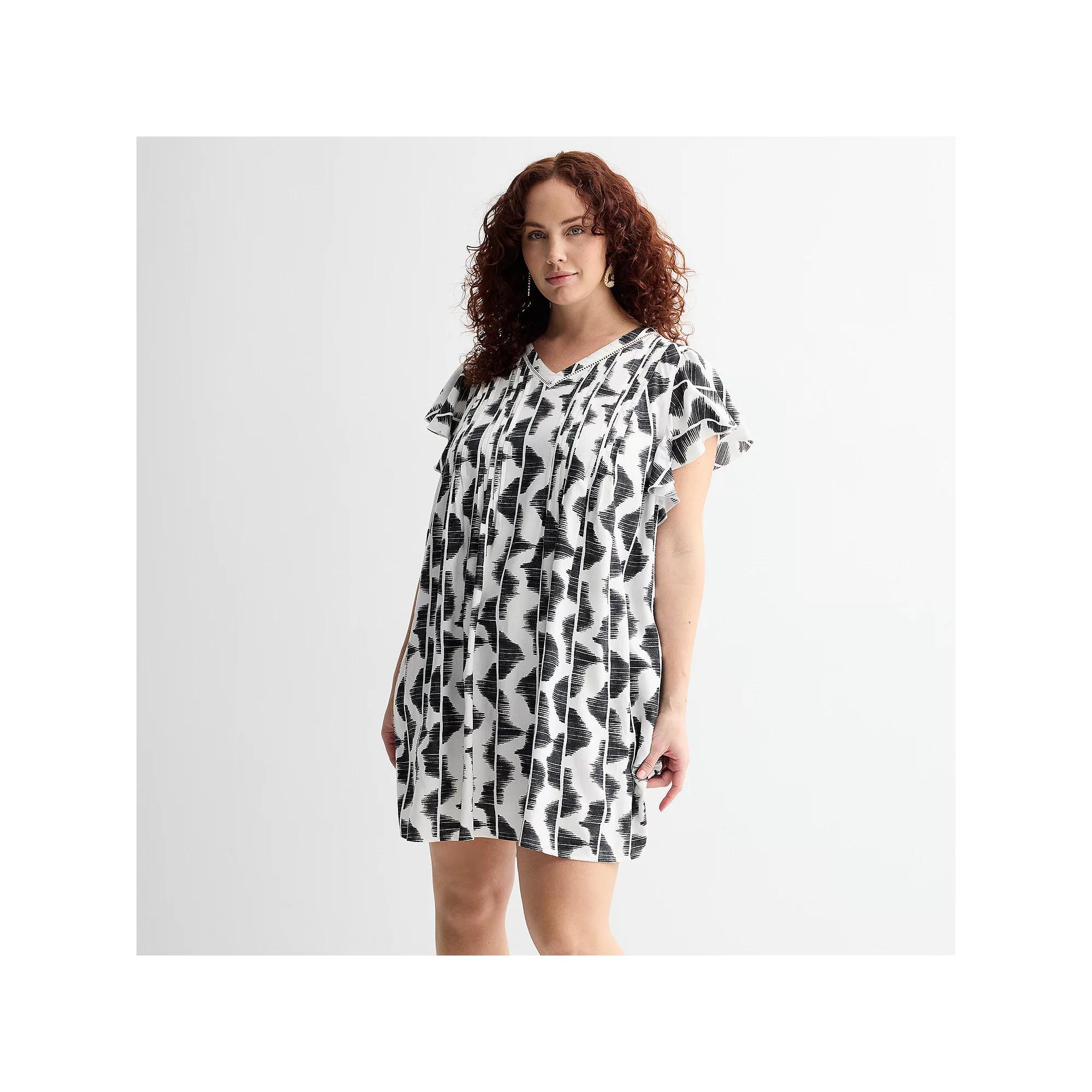 Plus Size Sonoma Goods For Life® Flutter Sleeve Pintuck Dress, Women's, Size: 0X, Gray Geo Lines Product Image