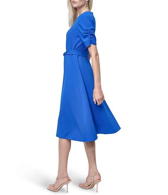 DKNY by Donna Karan Stretch Crew Neck Short Ruched Sleeve Fit and Flare Midi Dress Product Image