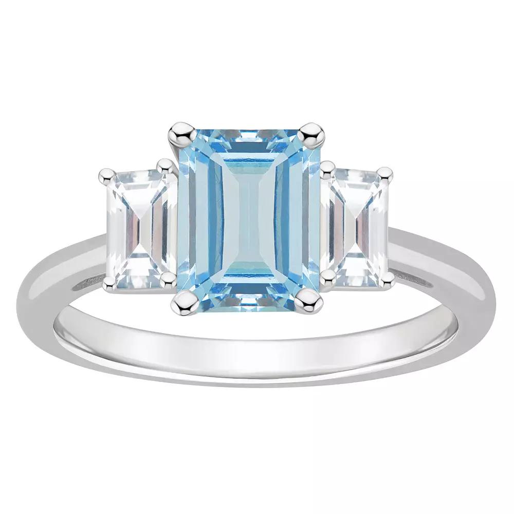 Alyson Layne Sterling Silver 8 mm x 6 mm Emerald Cut Gemstone & White Topaz Three-Stone Ring, Women's, Blue Topaz Product Image