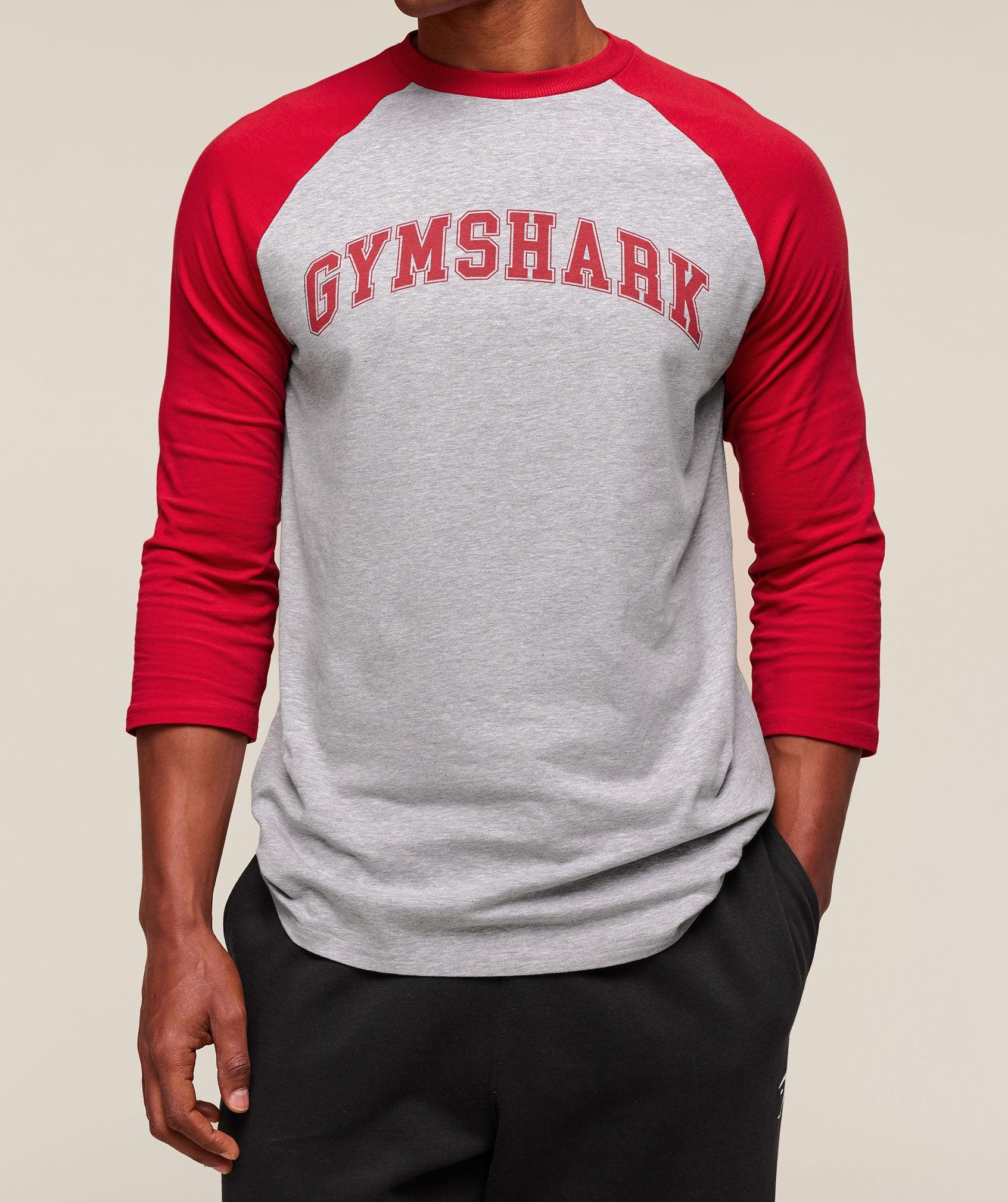 Gymshark GSLC Raglan 3/4 Sleeve T-Shirt - Light Grey Core Marl/Conditioning Red Male Product Image