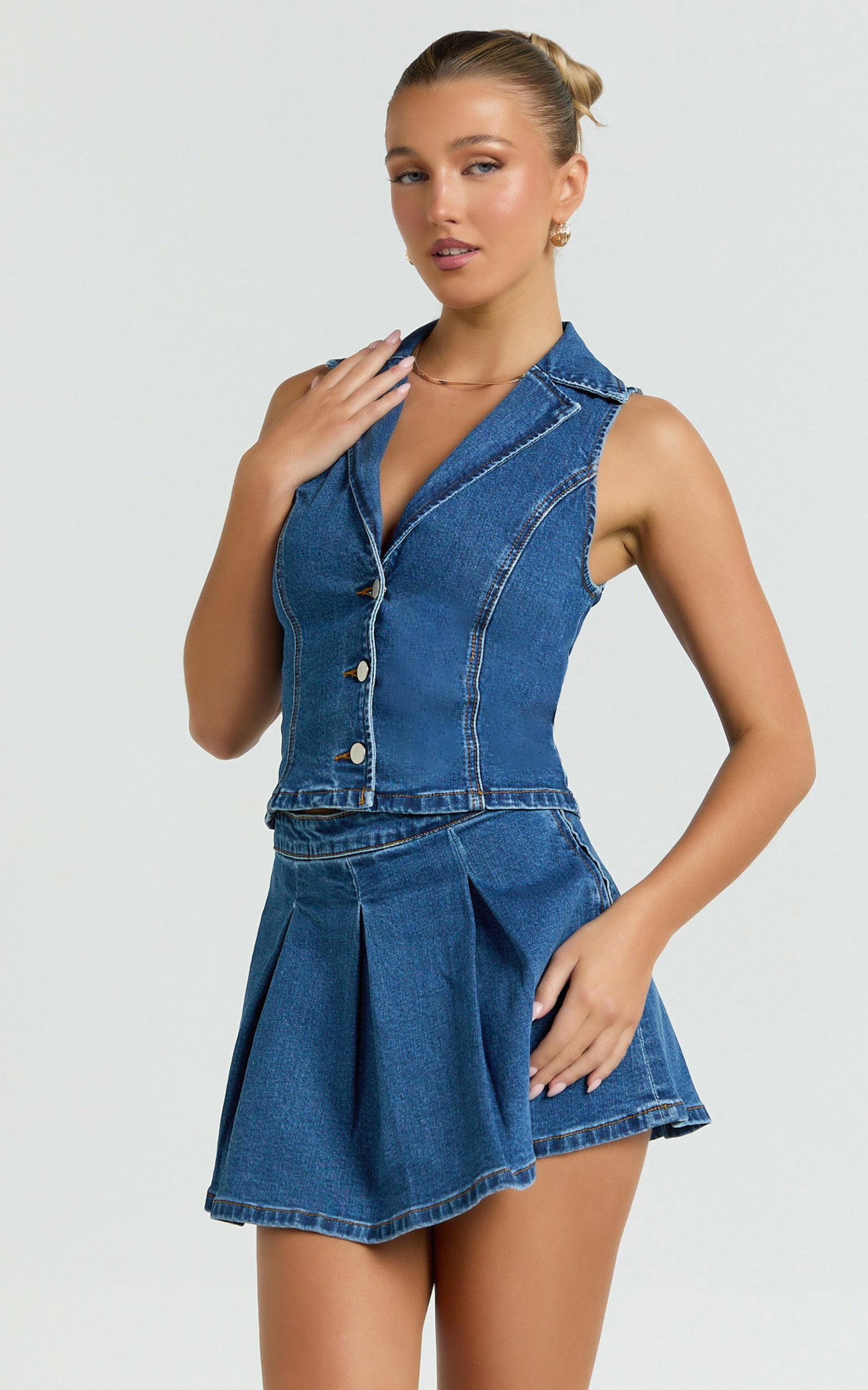 Nikita Top - Button Down Denim Vest Top in Dark Blue Wash Product Image