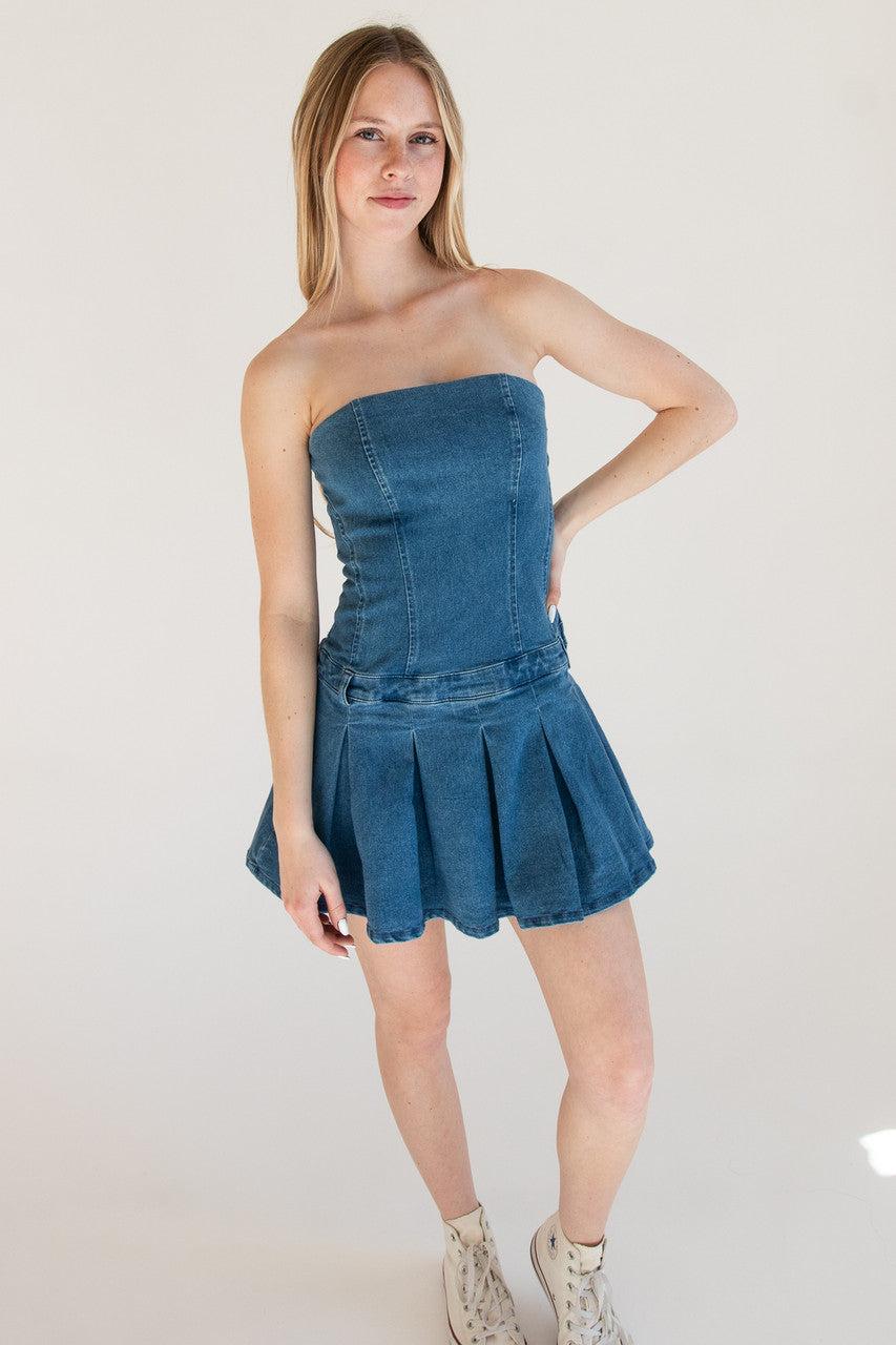 Strapless Denim Pleated Mini Dress Product Image