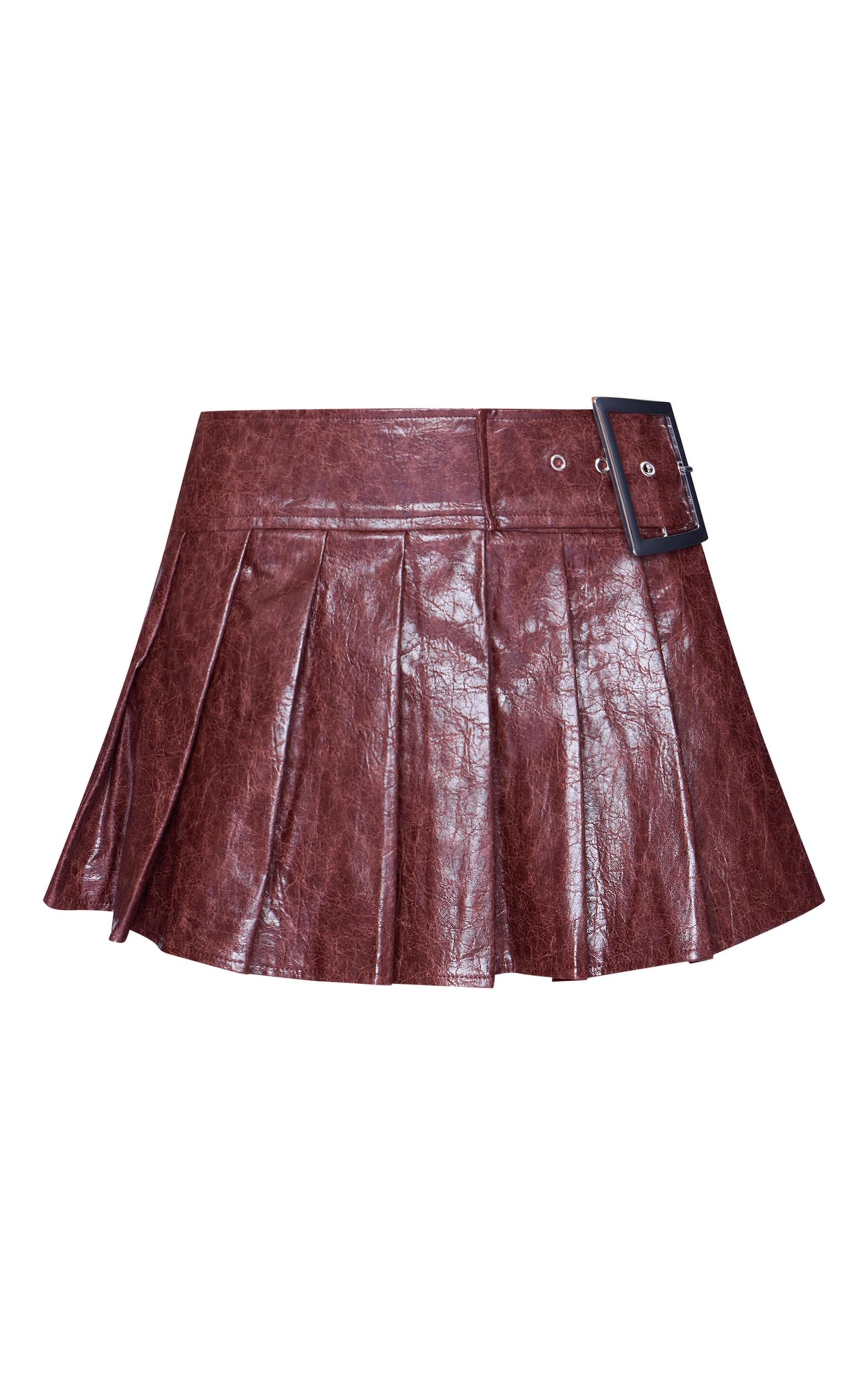 Burgundy Faux Leather Belt Pleated Mini Skirt Product Image