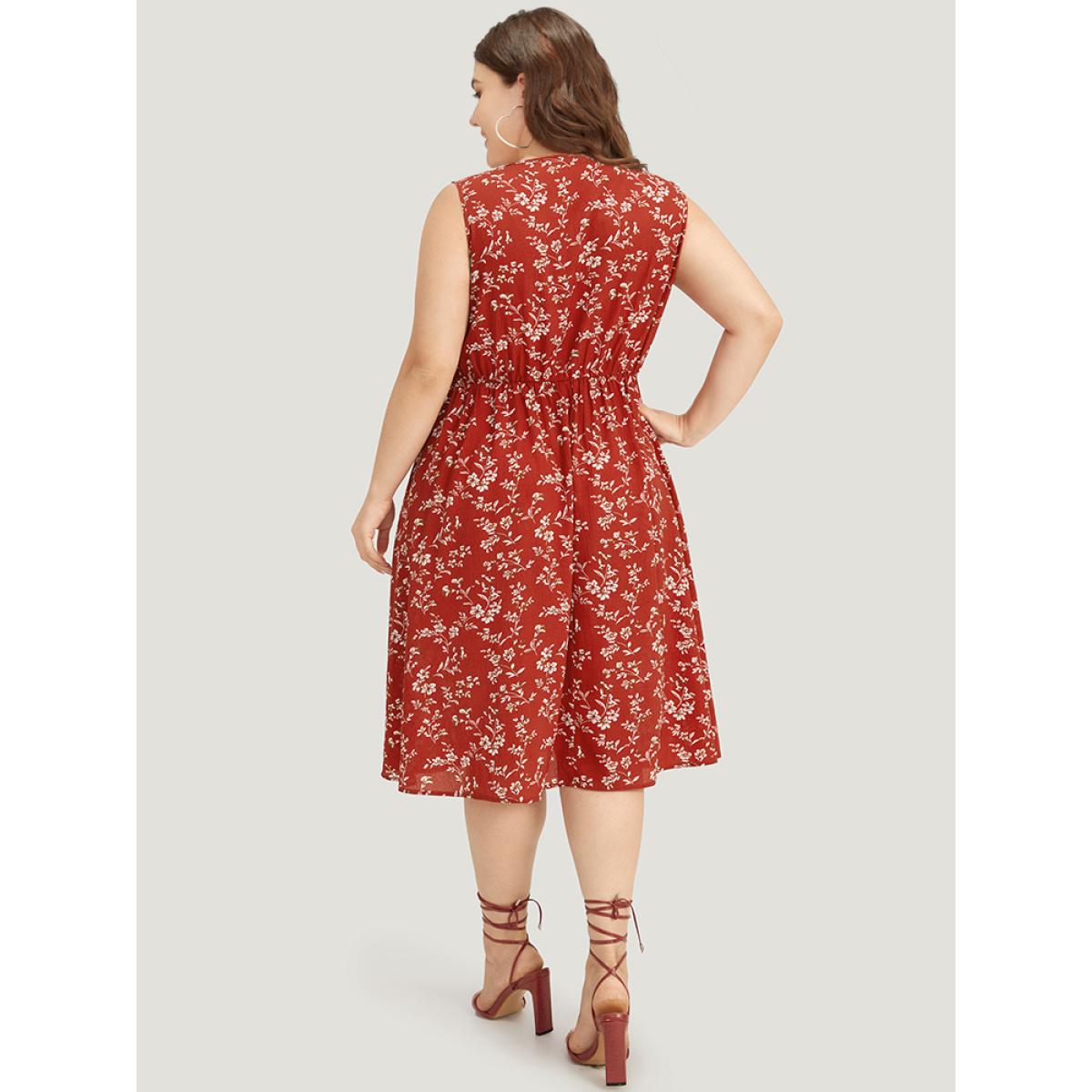 Plus Size Ditsy Floral Crossover Crew Neck Pocket Sleeveless Dress Red Women Elegant Printed Round Neck Sleeveless Curvy Midi Dress BloomChic 14-16/1X Product Image