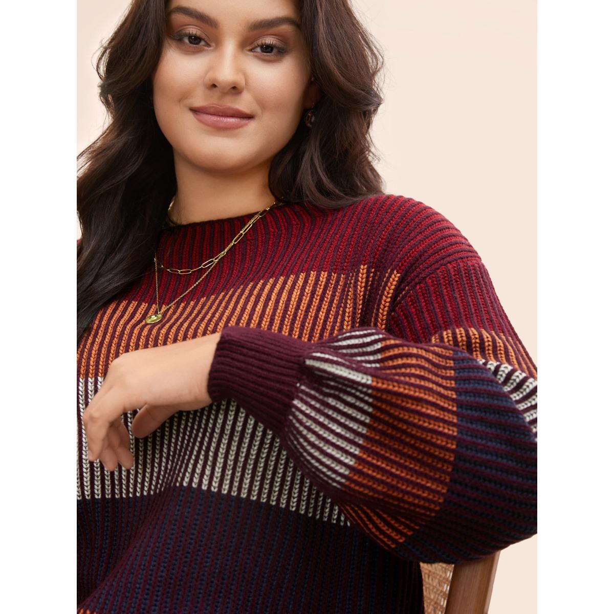 Plus Size Textured Striped Contrast Patchwork Pullover Deepred Women Casual Long Sleeve Round Neck Everyday Pullovers BloomChic 12/L Product Image