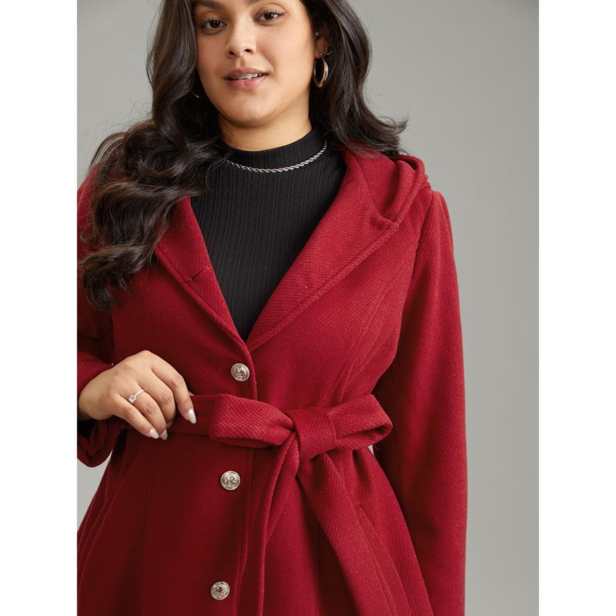 Plus Size Solid Hooded Belted Buckle Detail Coat Women Scarlet Elegant Lined Ladies Dailywear Winter Coats BloomChic 14-16/1X Product Image