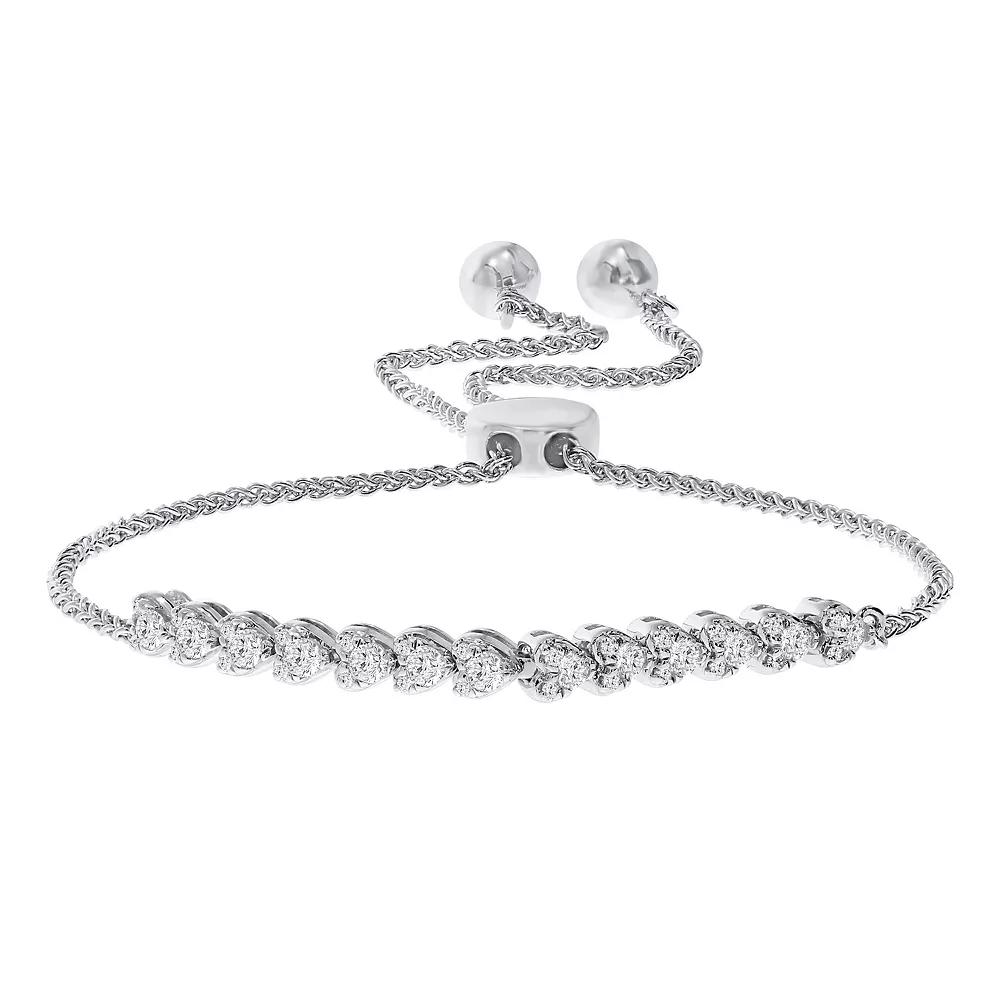 Sterling Silver 1/2 Carat T.W. Diamond Small Hearts Bolo Bracelet, Women's Product Image