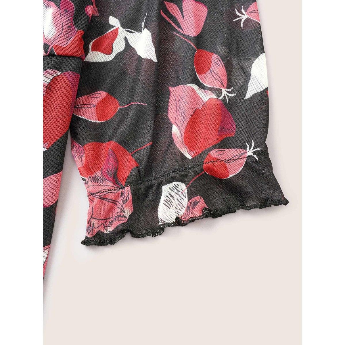 Plus Size Floral Print Drawstring Mesh Ruched Dress Black Women Elegant Lined Square Neck Half Sleeve Curvy Midi Dress BloomChic 22-24/3X Product Image