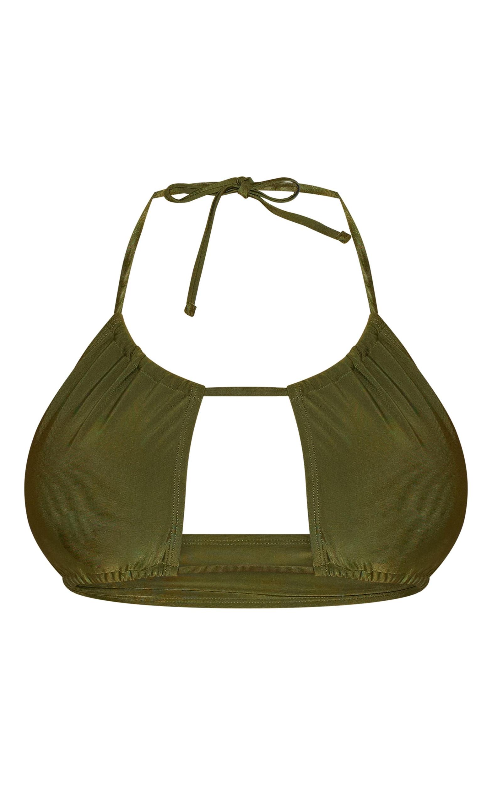 Khaki Ruched Halter Neck Bikini Top Product Image
