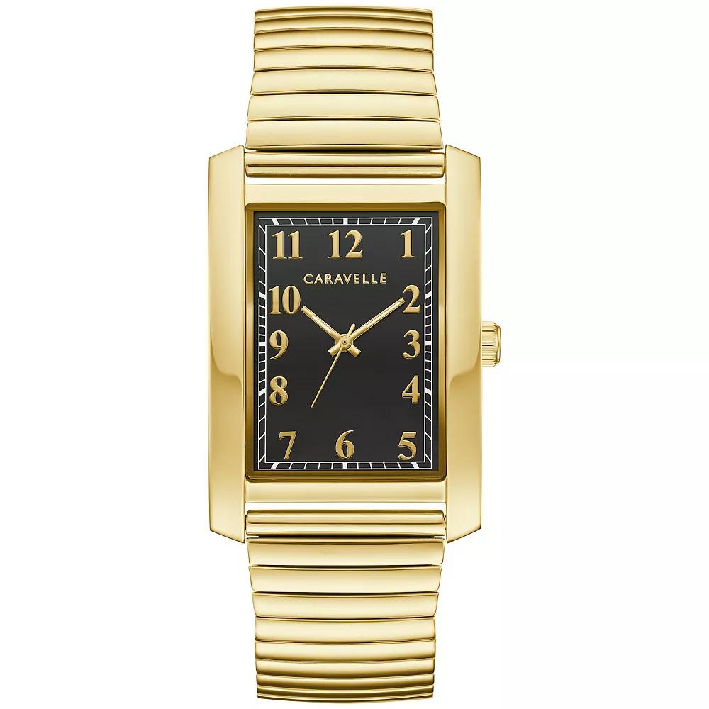 Caravelle by Bulova Mens Classic Rectangular Gold Tone Stainless Steel Black Dial Expansion Band Watch - 44A122 Product Image