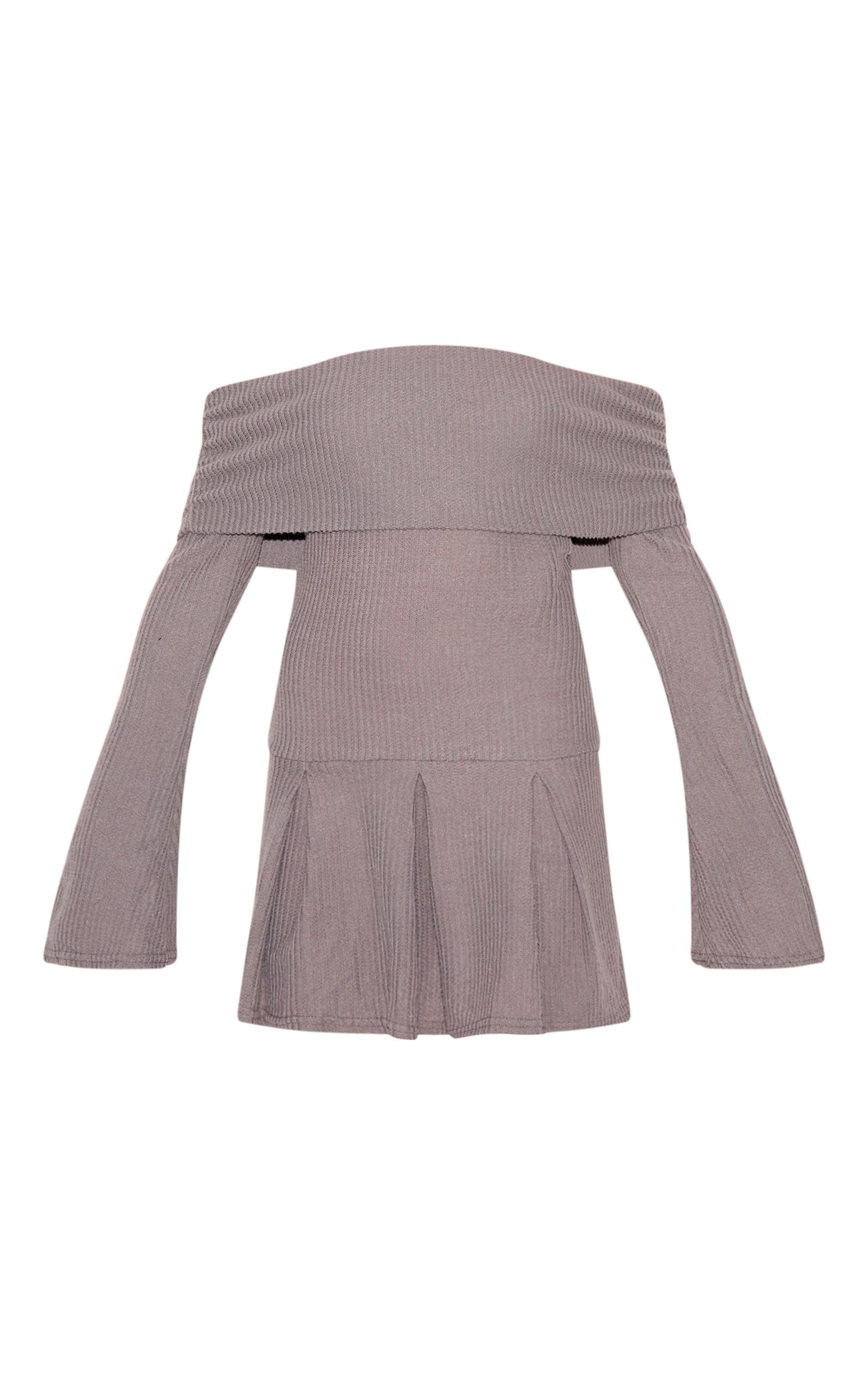 Charcoal Waffle Textured Bardot Pleated Shift Dress Product Image