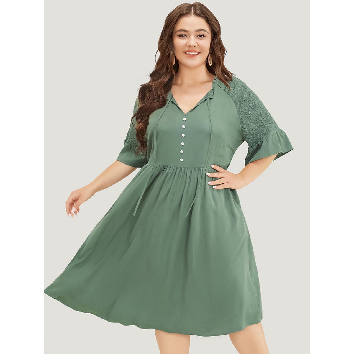 Plus Size Plain Frill Trim Button Detail Pocket Ruffles Shirred Sleeve Dress Mint Women Elegant Frill Trim V-neck Half Sleeve Curvy Midi Dress BloomChic 22-24/3X Product Image