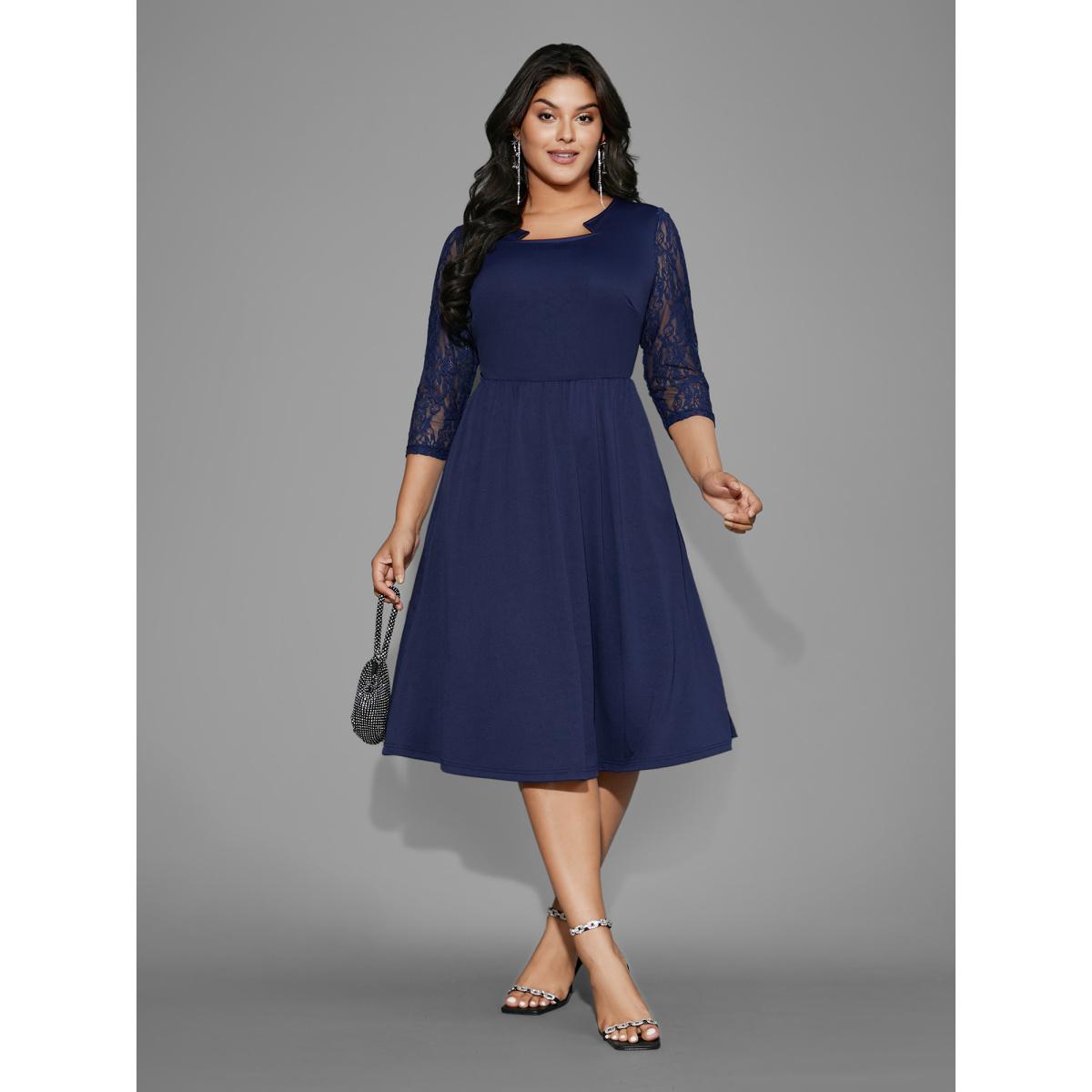 Plus Size Asymmetrical Neck Lace Patchwork Mesh Dress Navy Women Cocktail Woven ribbon&lace trim Party Curvy Bloomchic 12/L Product Image