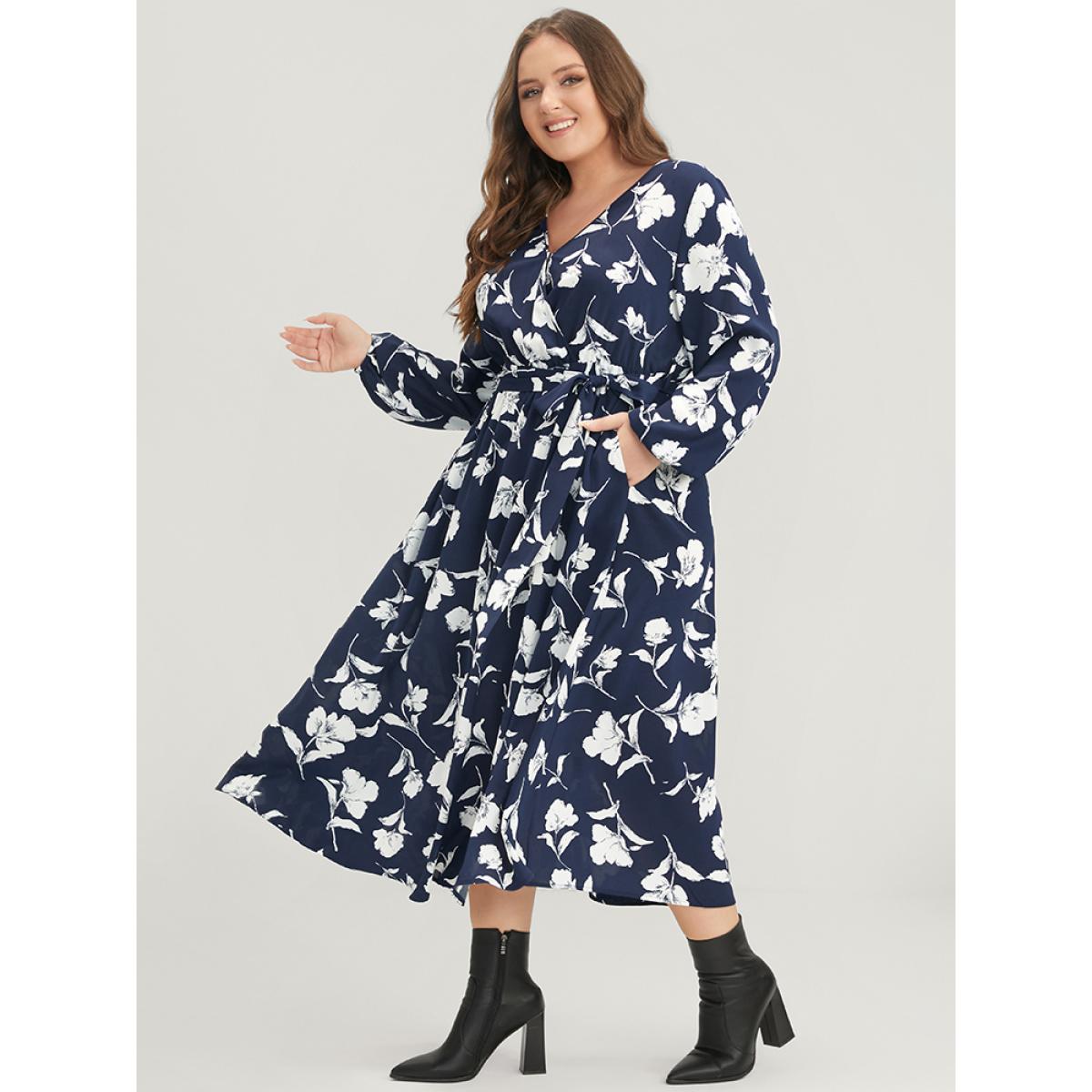 Plus Size Floral Pocket Surplice Neck Belted Midi Dress DarkBlue Women Casual Belted V-neck Long Sleeve Curvy Midi Dress BloomChic 30/6X Product Image