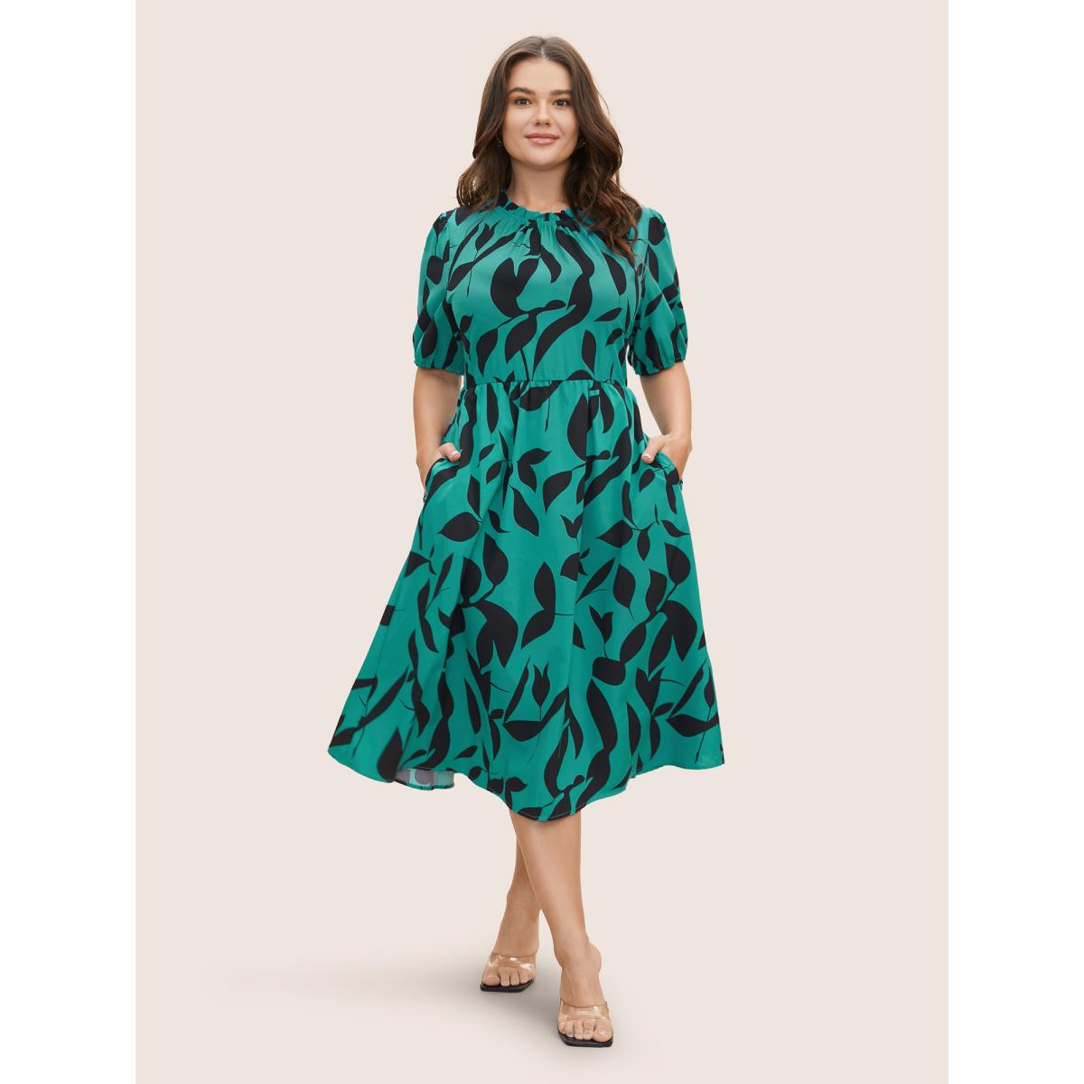 Plus Size Silhouette Floral Print Mock Neck Midi Dress Teal Women Elegant Gathered Mock Neck Short sleeve Curvy BloomChic 12/L Product Image