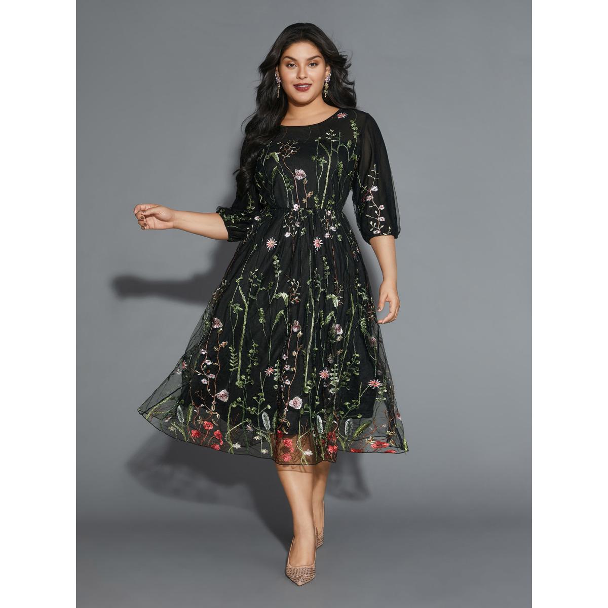 Plus Size Floral Embroidered Elastic Waist Lined Midi Dress Black Women Formal Texture Party Curvy Bloomchic 10/M Product Image