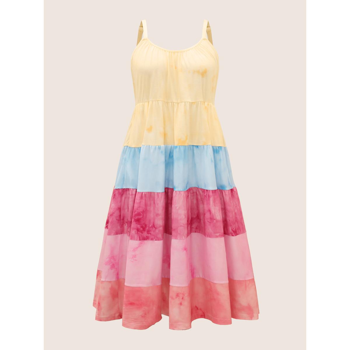 Plus Size Tie Dye Contrast Ruffle Layered Hem Dress Multicolor Women Casual Gathered Non Sleeveless Curvy Midi Dress BloomChic 28/5X Product Image