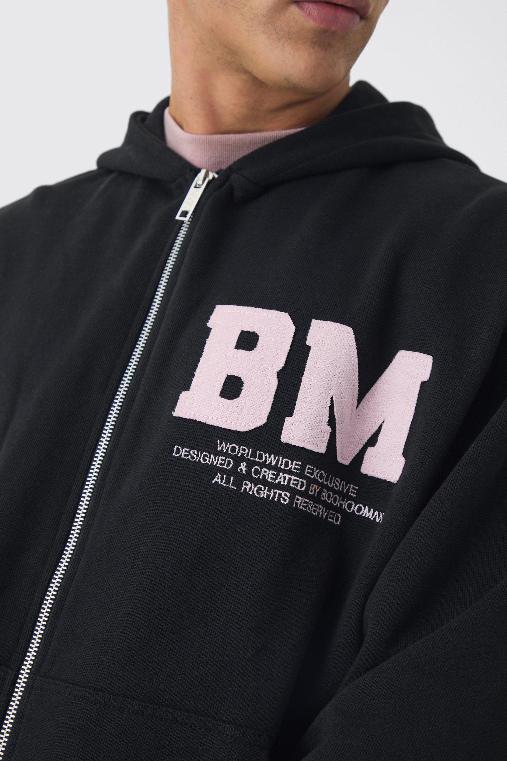 Oversized Boxy Worldwide Raw Edge Applique Zip Through Hoodie | boohooMAN USA Product Image