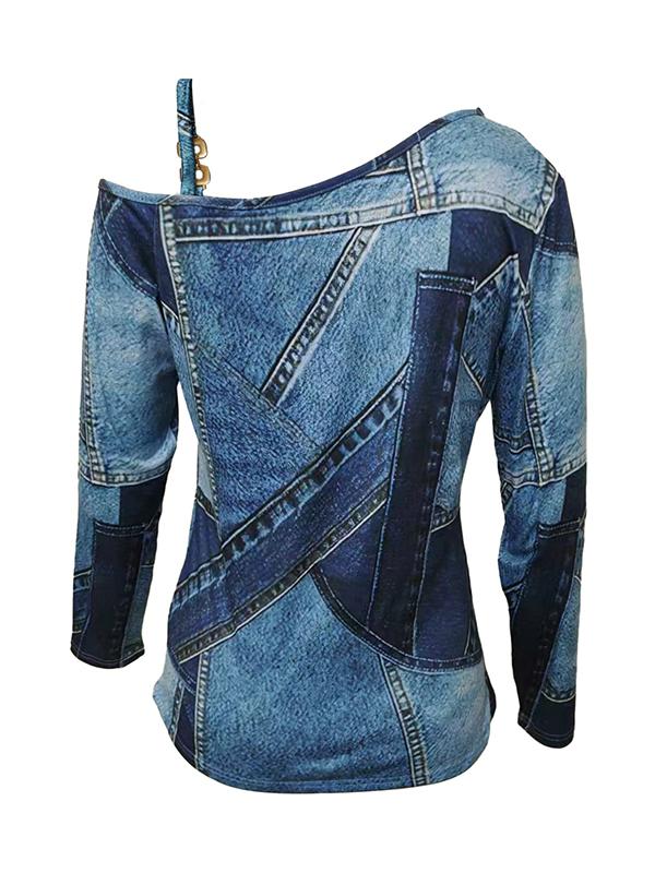 Long Sleeves Loose Asymmetric Printed Split-Joint Cold Shoulder T-Shirts Tops Product Image