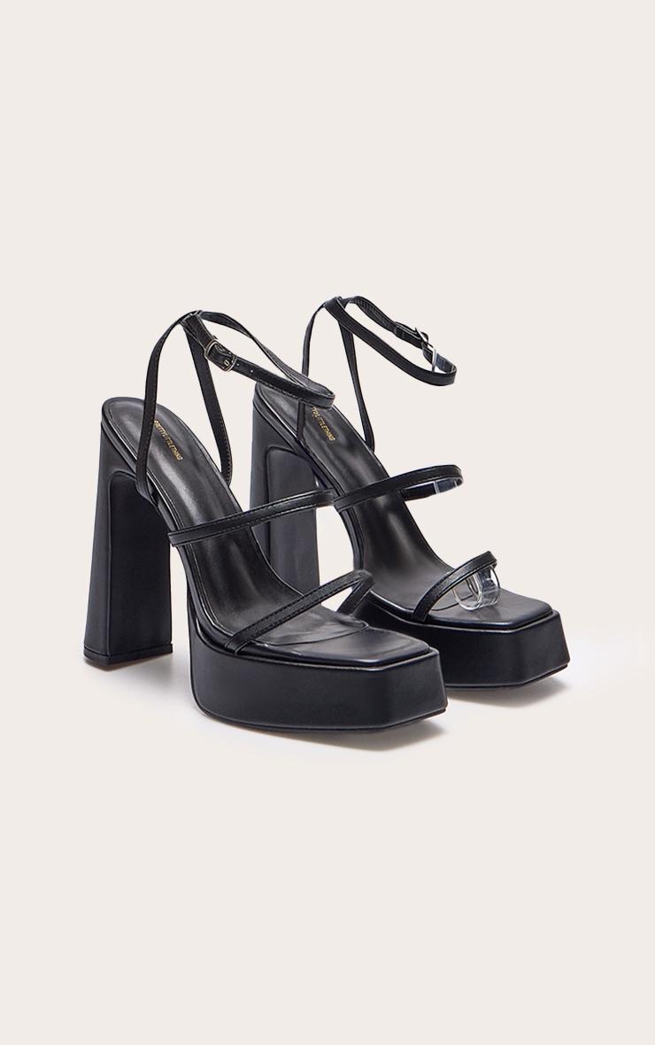 Black Pu Square Toe Platform Heel Sandals Product Image