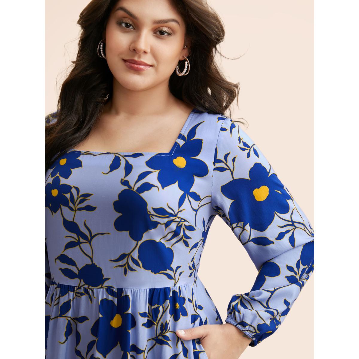 Plus Size Square Neck Floral Patchwork Ruffle Hem Dress Skyblue Women Elegant Non Square Neck Long Sleeve Curvy BloomChic 10/M Product Image