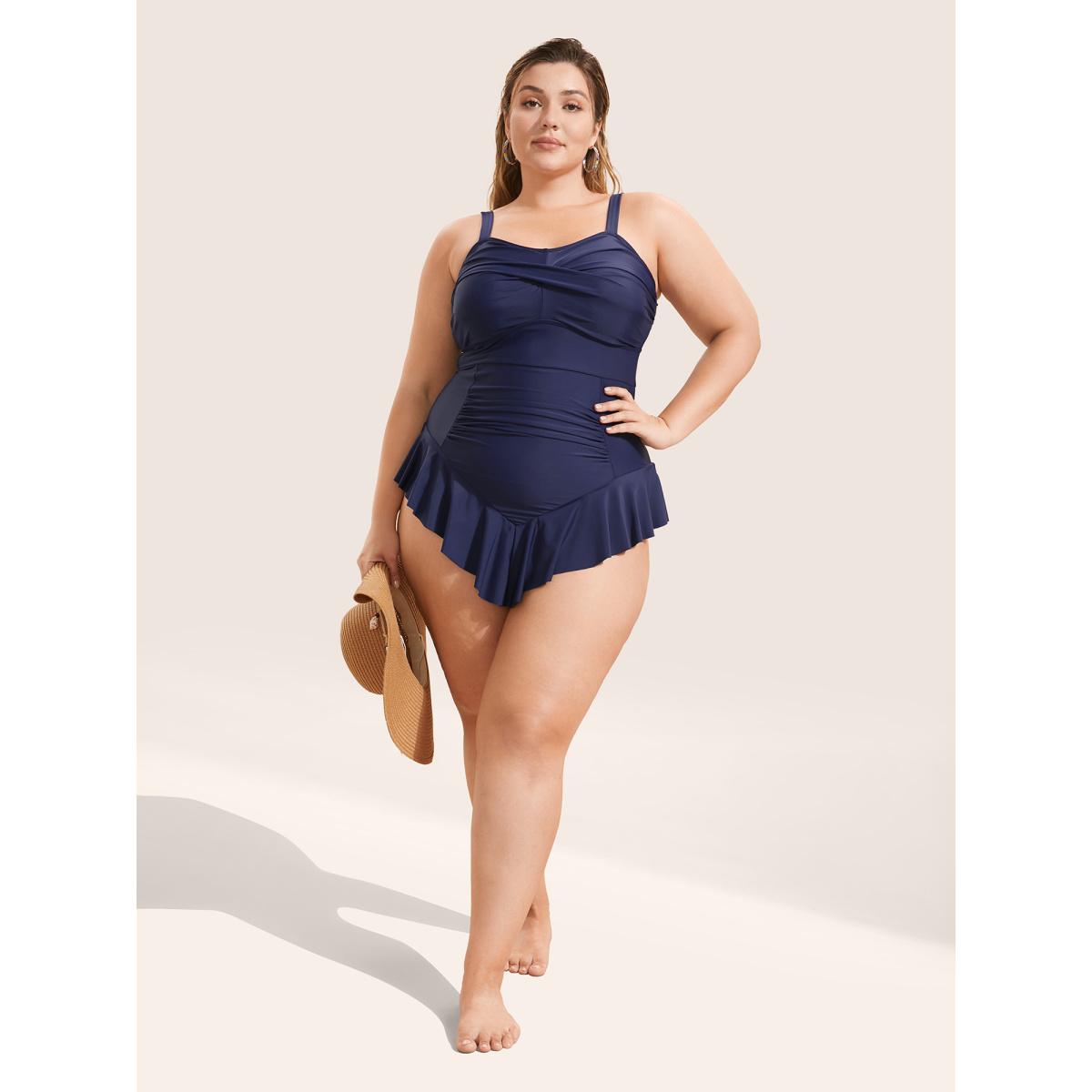 Plus Size Plain Crossover Flutter Trim One Piece Swimsuit Women's Swimwear Indigo Beach Curve Bathing Suits High stretch One Pieces BloomChic 26/4X Product Image