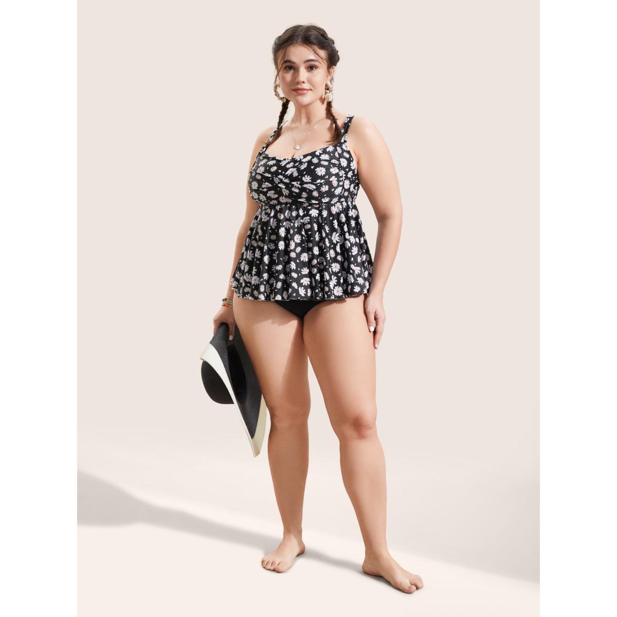 Plus Size Ditsy Floral Crossover Heart Neckline Swim Top Women's Swimwear Black Beach Twist High stretch Bodycon Heart neckline Curve Swim Tops BloomChic 14-16/1X Product Image