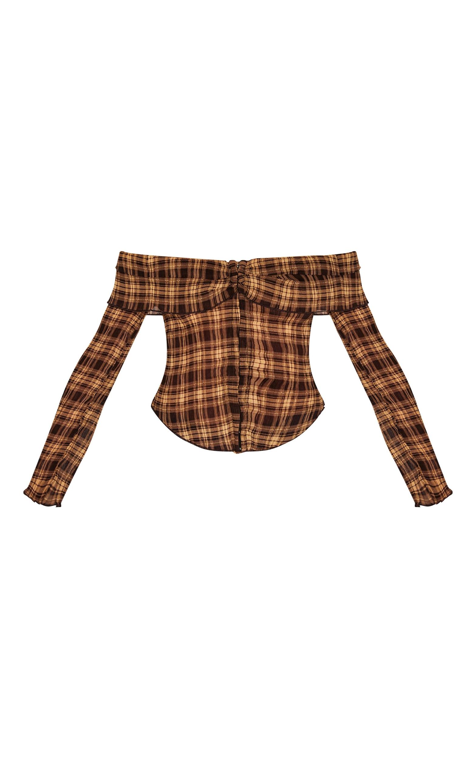 Brown Plisse Chiffon Check Bardot Blouse Product Image