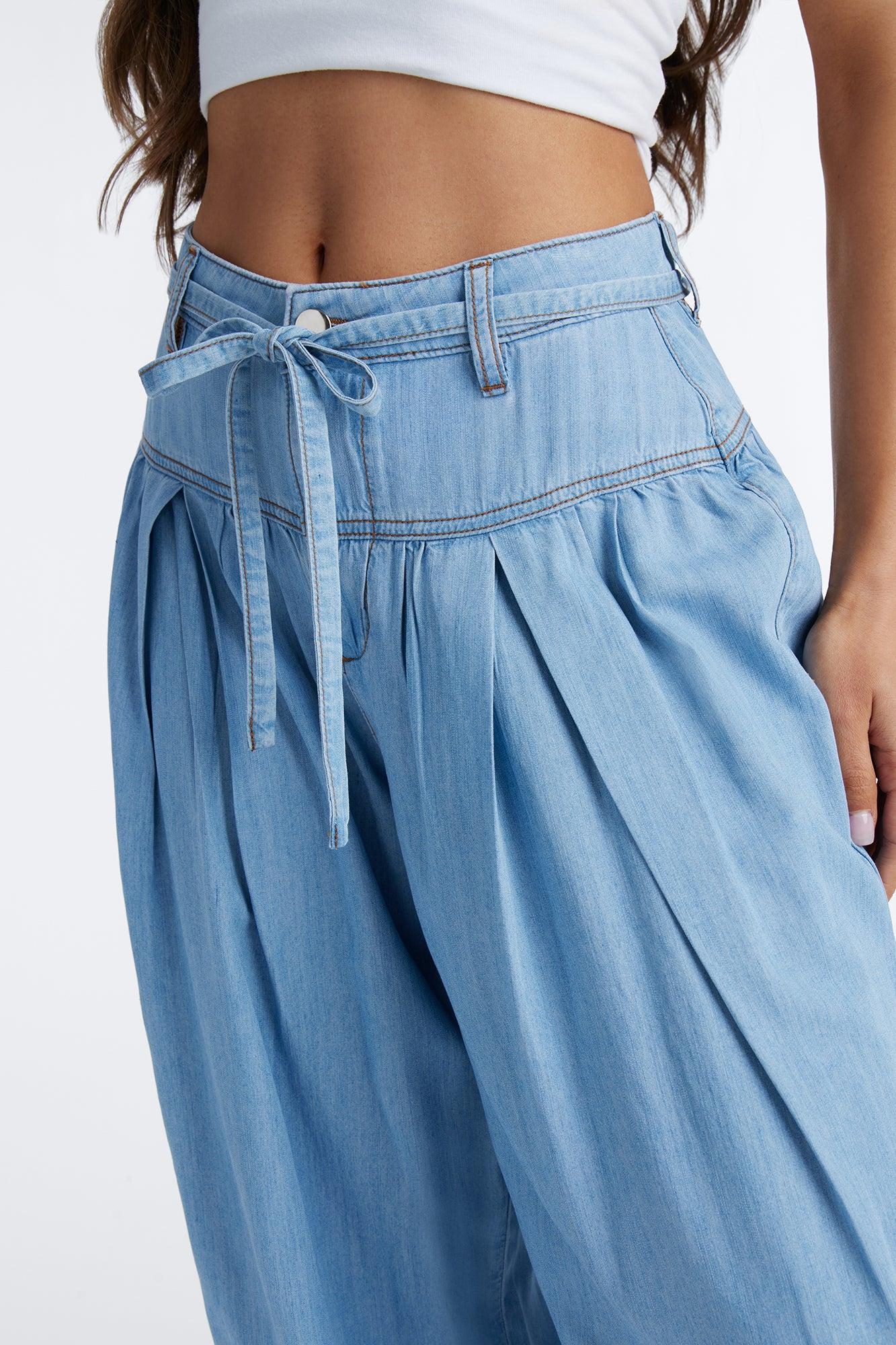 Golden Hour Chambray Tie Waist Pant 33″ - Light Wash Female Product Image