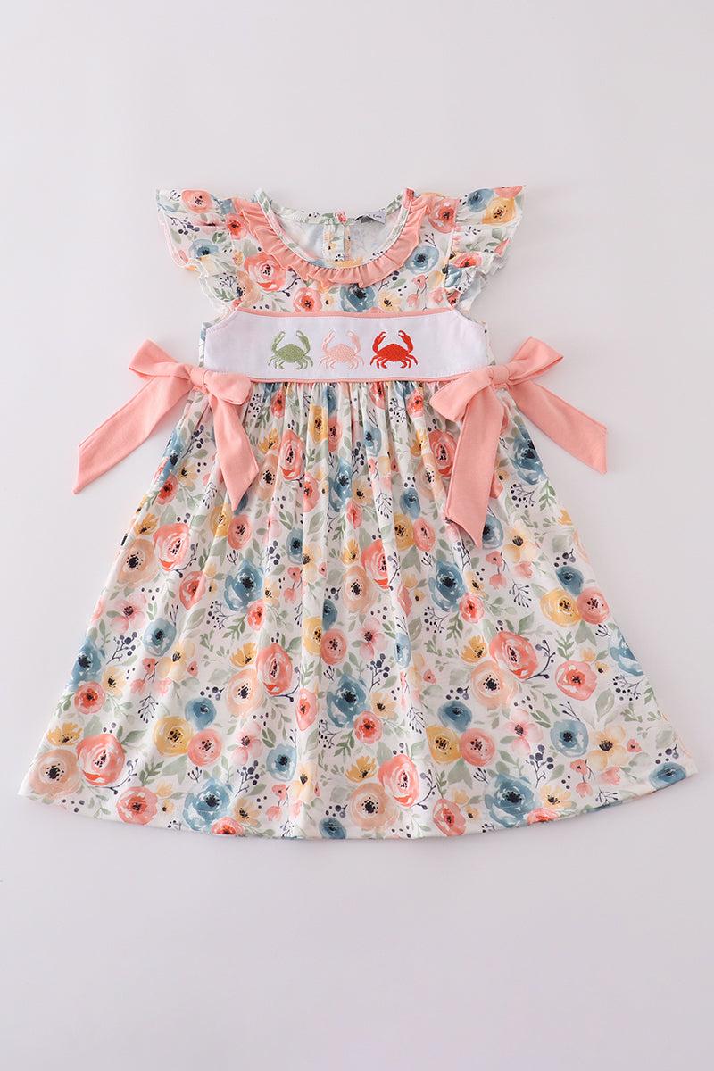 Floral crab embroidery bow ruffle dress Product Image