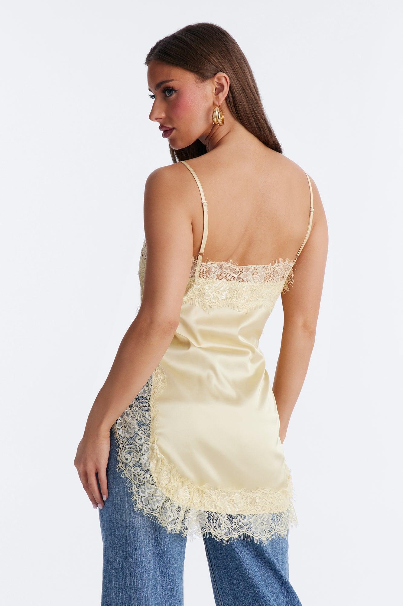 No Filter Needed Lace Trim Satin Top - Butter Yellow Female Product Image