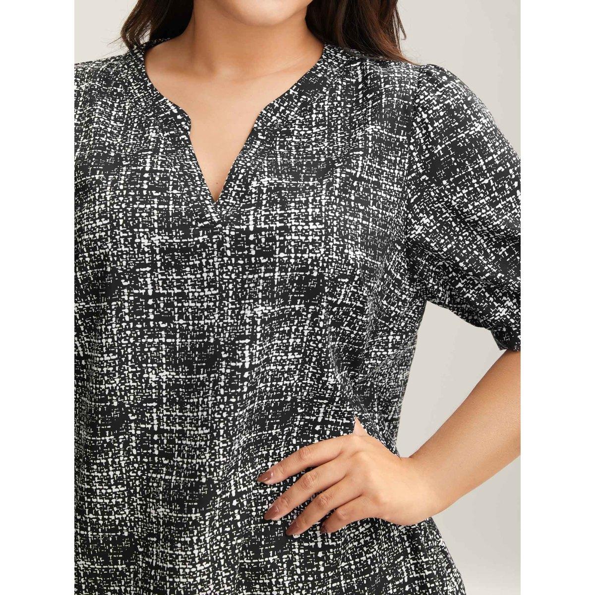 Plus Size Black Geometric Print Puff Sleeve Blouse Women Office Short sleeve Flat collar with V-notch Office Blouses BloomChic 30/6X Product Image