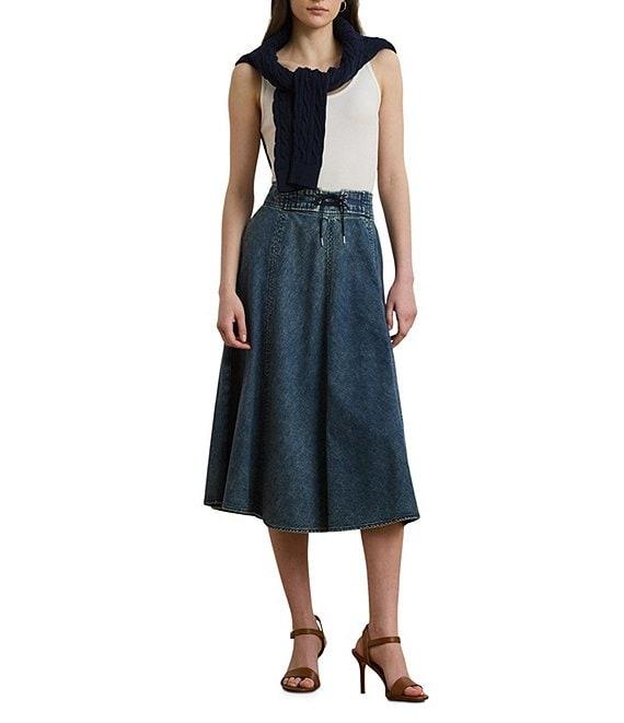 Lauren Ralph Lauren Drawcord Waist A-Line Denim Midi Skirt Product Image