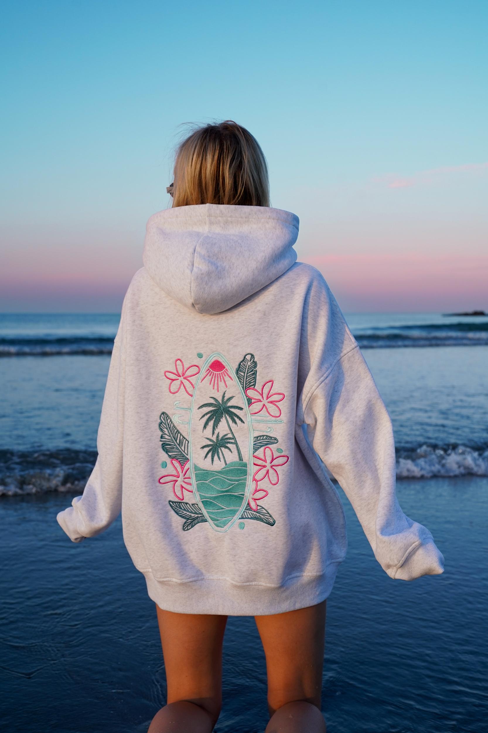 Pearl Grey Surfing The Waves Embroider Hoodie Product Image