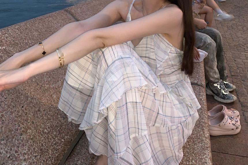 Spaghetti Strap Plaid Asymmetrical Ruffle Trim Midi A-Line Dress Product Image