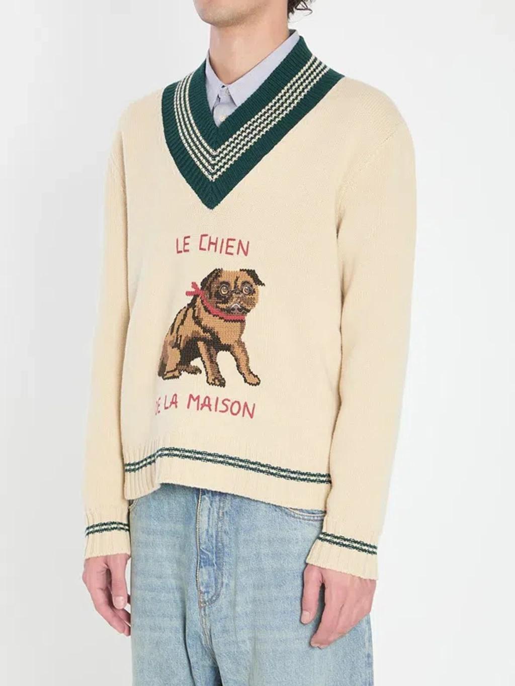 VALENTINO Embroidered V-neck Crewneck Sweater With Ribbed Trim In White Product Image