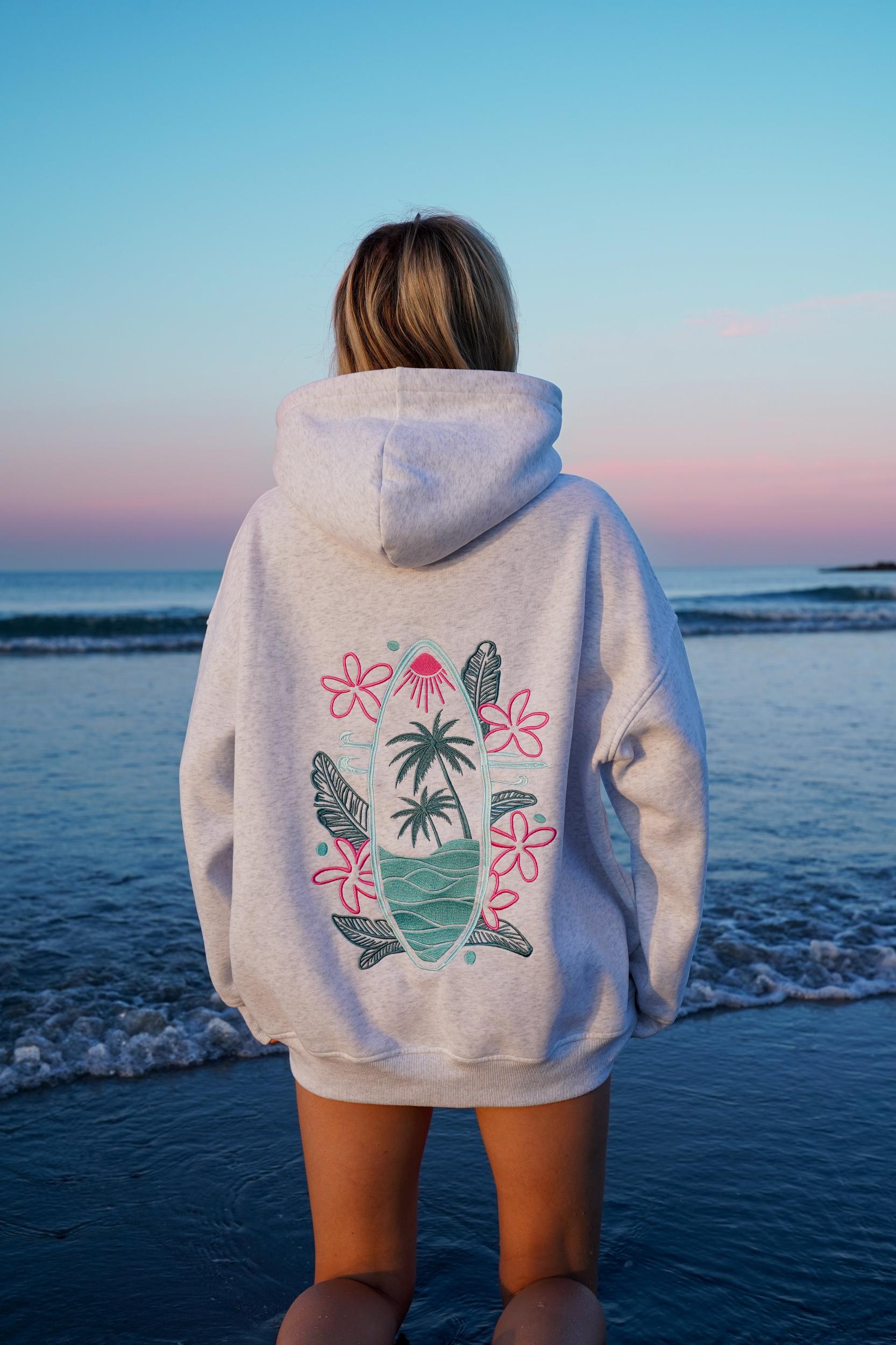 Pearl Grey Surfing The Waves Embroider Hoodie Product Image