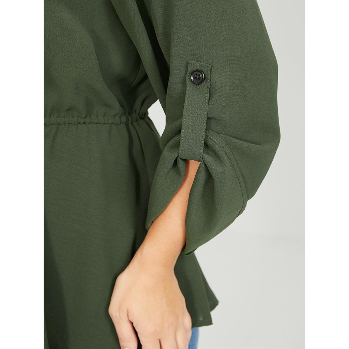 Plus Size ArmyGreen Solid Roll Sleeve Button Down Drawstring Blouse Women Office Long Sleeve V-neck Work Blouses BloomChic 18-20/2X Product Image