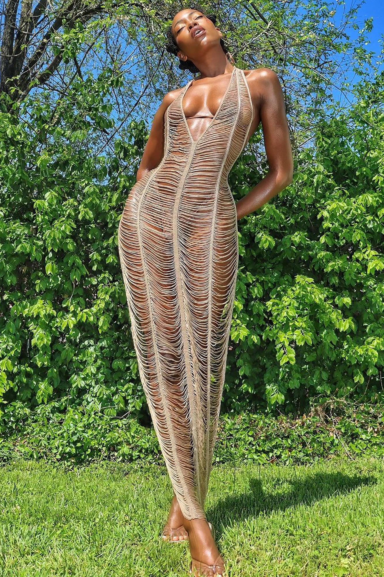 Relaxing All Summer Crochet Cover Up Maxi Dress - Mocha Product Image