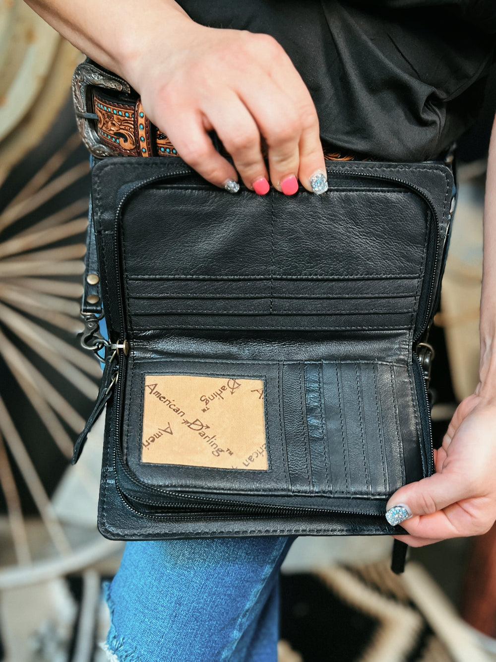 Darling Quilted Black Leather Crossbody Bag With Tooled Leather Border Product Image